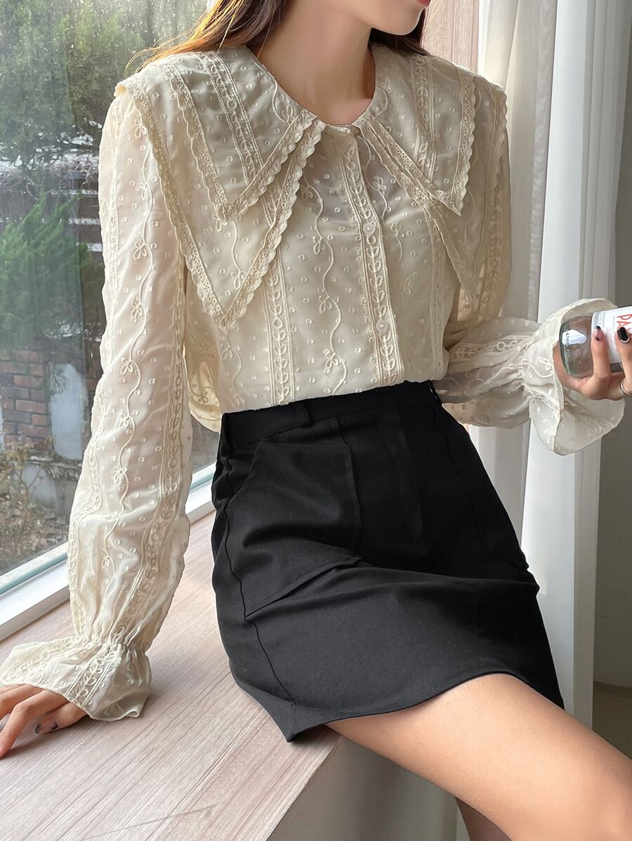 DAZY Swiss Dot Statement Collar Flounce Sleeve Blouse - Apricot - View 1