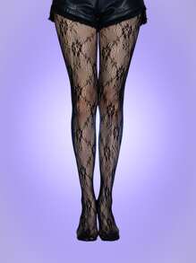 ROMWE 2pairs Floral Graphic Fishnet Tights - Black and White - View 2