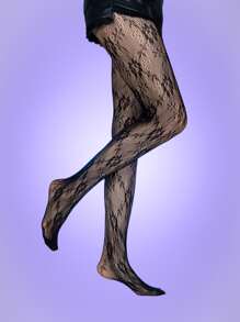 ROMWE 2pairs Floral Graphic Fishnet Tights - Black and White - View 4