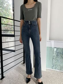 DAZY 字母刺繡羅紋針織T恤 - 灰色 - 查看 7