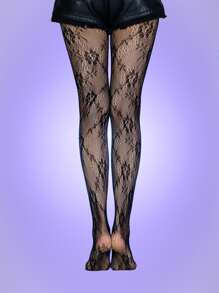 ROMWE 2pairs Floral Graphic Fishnet Tights - Black and White - View 5