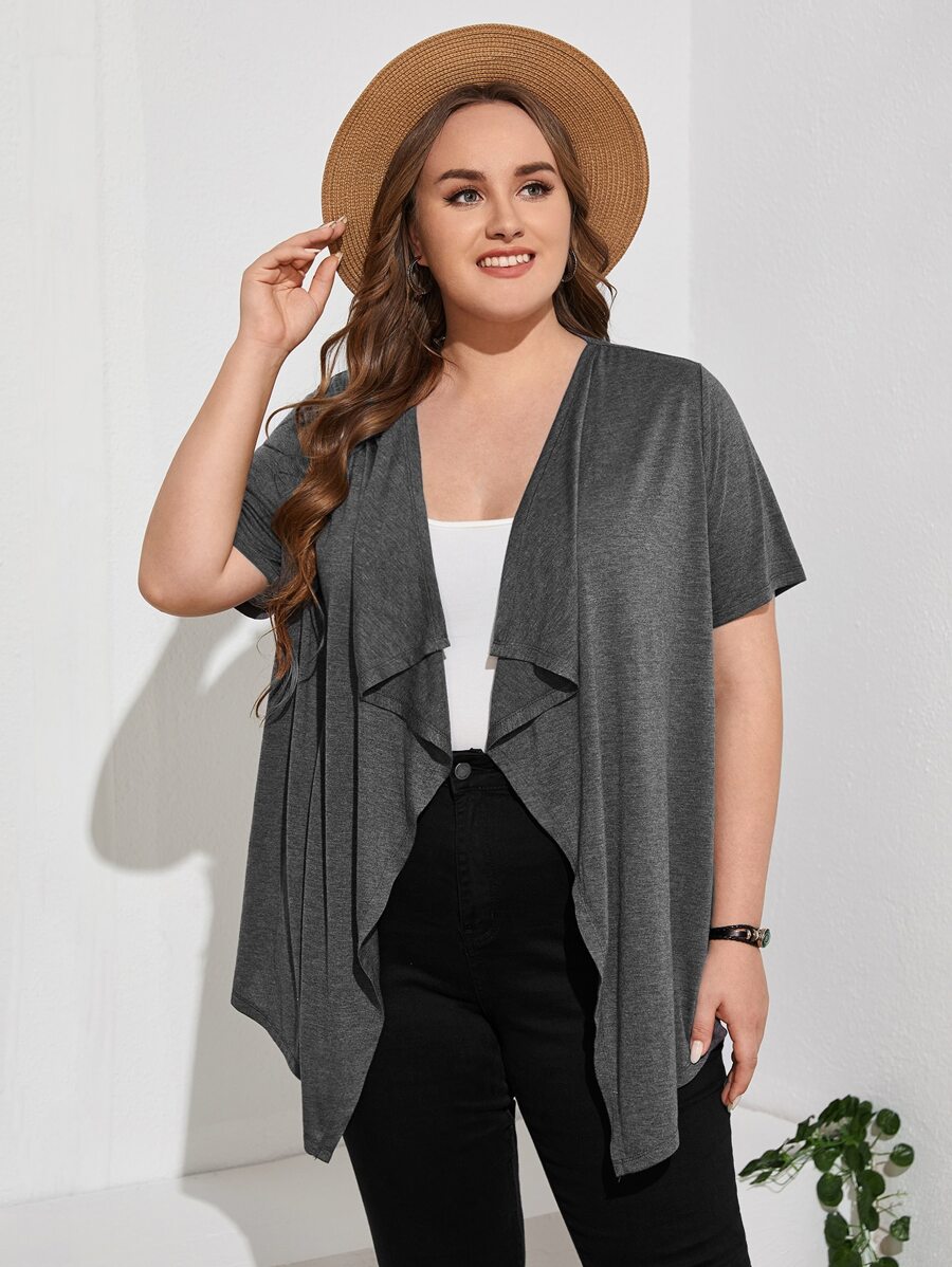 EMERY ROSE Plus Marled Knit Asymmetrical Hem Coat - Dark Grey - View 1
