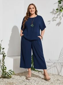 EMERY ROSE Plus Batwing Sleeve Top And Trousers Set - Navy Blue - View 1