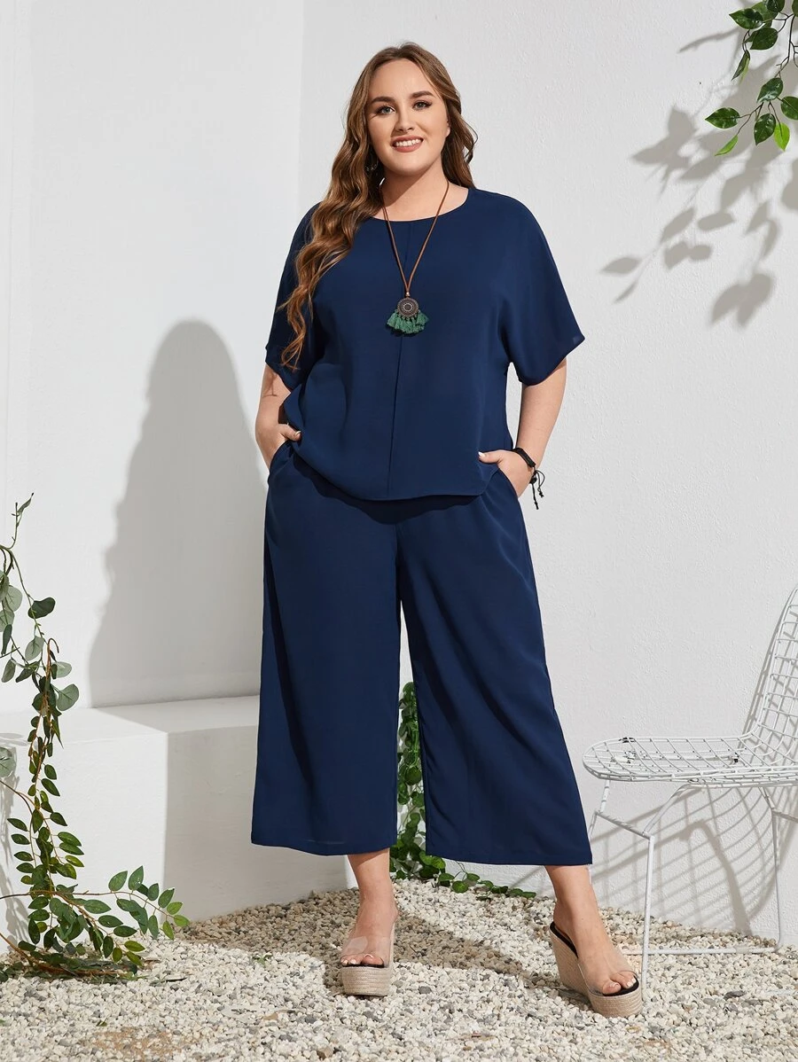 EMERY ROSE Plus Batwing Sleeve Top And Trousers Set - Navy Blue - View 1