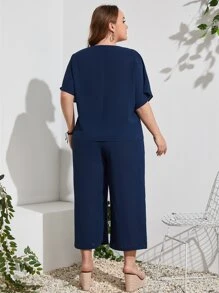 EMERY ROSE Plus Batwing Sleeve Top And Trousers Set - Navy Blue - View 2
