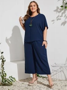 EMERY ROSE Plus Batwing Sleeve Top And Trousers Set - Navy Blue - View 4