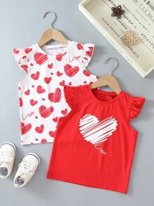 SHEIN Toddler Girls 2pcs Letter & Heart Print Ruffle Trim Tee - Red and White - View 1