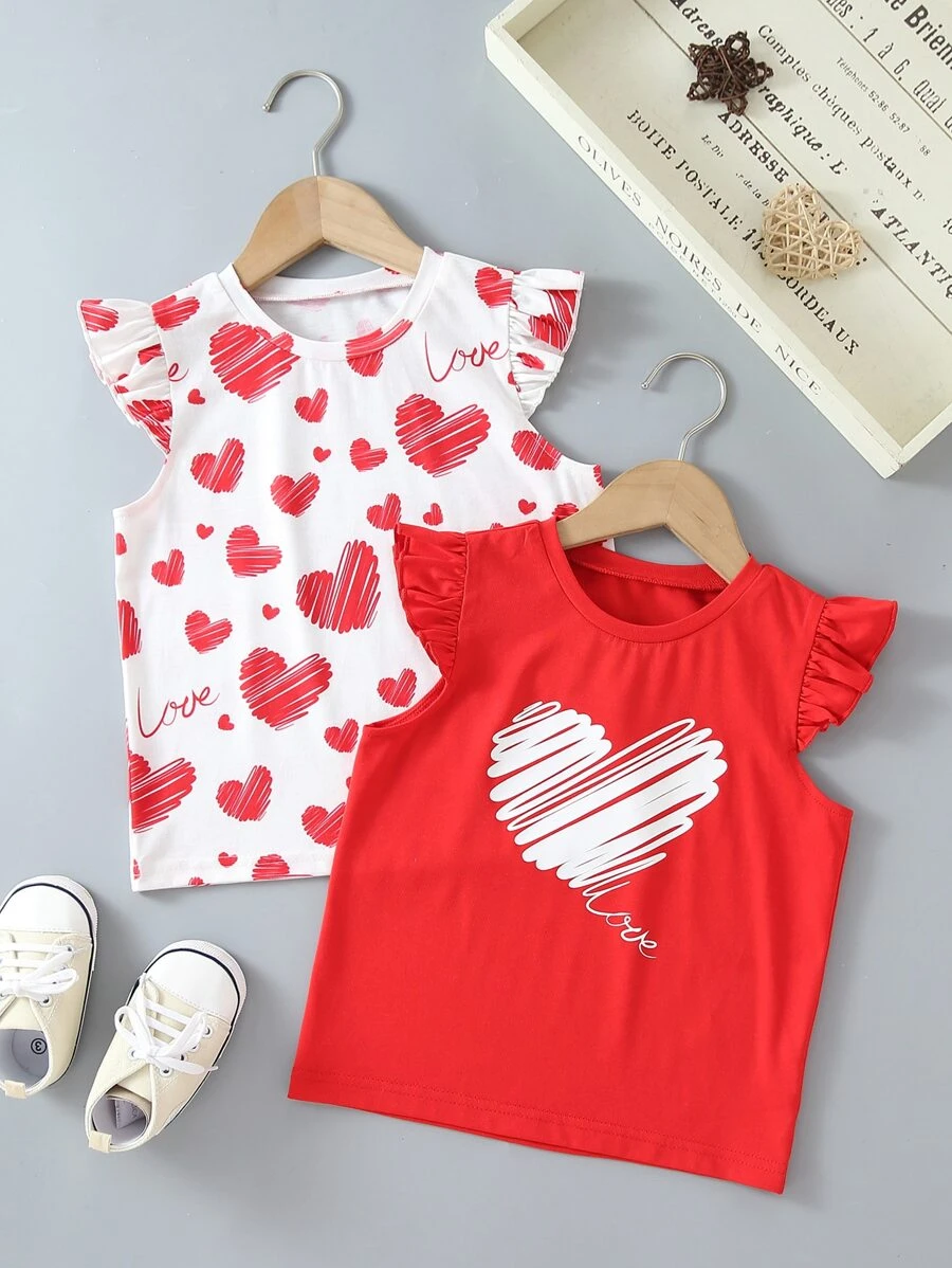 SHEIN Toddler Girls 2pcs Letter & Heart Print Ruffle Trim Tee - Red and White - View 1