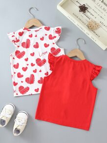 SHEIN Toddler Girls 2pcs Letter & Heart Print Ruffle Trim Tee - Red and White - View 2