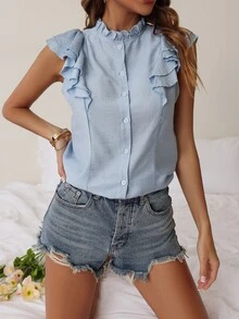 蝴蝶袖褶邊領襯衫 - 淺藍色 - 查看 6