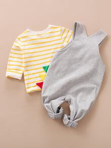 Yierying Đứa bé trai Sọc Áo thun & Đồ họa khủng long Quần yếm Bộ - Nhiều màu - Xem 2