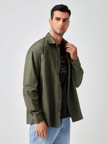 Manfinity Men Single Breasted Patch Pocket Shacket - Army Green - View 4