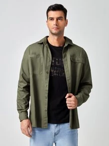 Manfinity Men Single Breasted Patch Pocket Shacket - Army Green - View 5