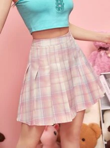 ROMWE Kawaii Plaid Pleated Skirt - Multicolor - View 3