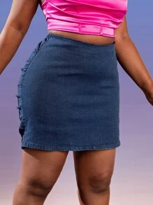 SHEIN SXY Plus Ruched Denim Shorts - Dark Wash - View 3