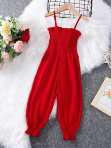 SHEIN 年輕女孩波紋邊細肩肩帶連體褲 - 紅色 - 查看 2