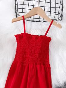 SHEIN 年輕女孩波紋邊細肩肩帶連體褲 - 紅色 - 查看 3