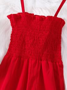 SHEIN 年輕女孩波紋邊細肩肩帶連體褲 - 紅色 - 查看 4