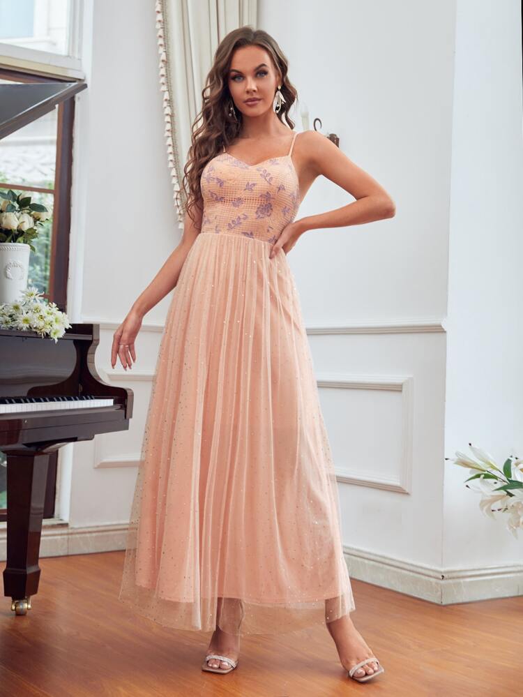 Floral Embroidery Rhinestone Mesh Cami Bridesmaid Dress