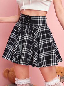 ROMWE Kawaii Plaid Lace Up Skirt - Black and White - View 1