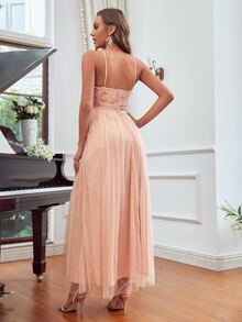 Floral Embroidery Rhinestone Mesh Cami Bridesmaid Dress - Coral Orange - View 2