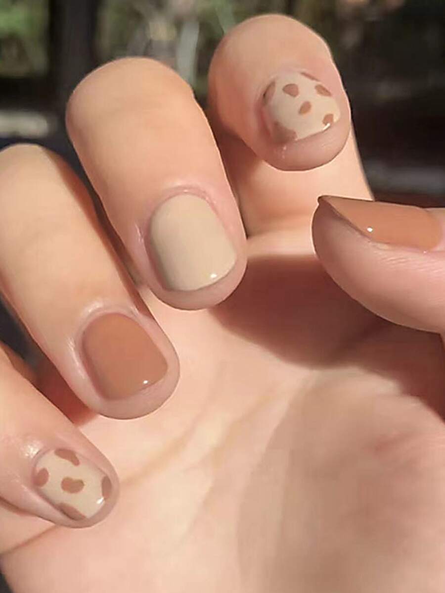 Elevate Your Style With 24pcs Medium Square Nude Plain Leopard Fake Nail & 1pc Nail File & 1sheet Tape - Multicolor - View 1