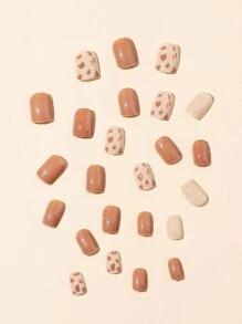 Elevate Your Style With 24pcs Medium Square Nude Plain Leopard Fake Nail & 1pc Nail File & 1sheet Tape - Multicolor - View 3
