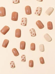 Elevate Your Style With 24pcs Medium Square Nude Plain Leopard Fake Nail & 1pc Nail File & 1sheet Tape - Multicolor - View 4