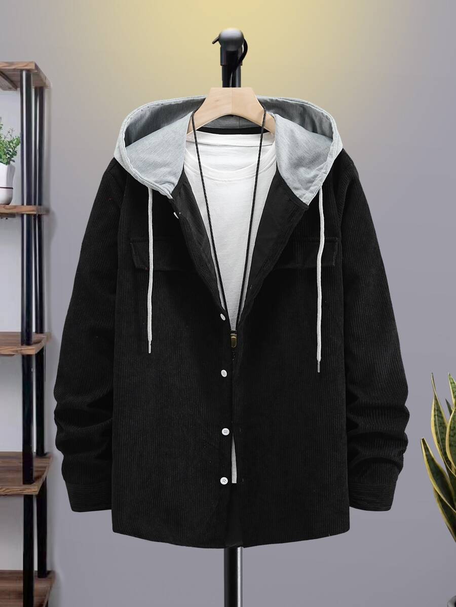 Manfinity Hypemode 男士雙色翻蓋細節抽繩連帽燈芯絨大衣不帶T恤 - 黑色 - 查看 1