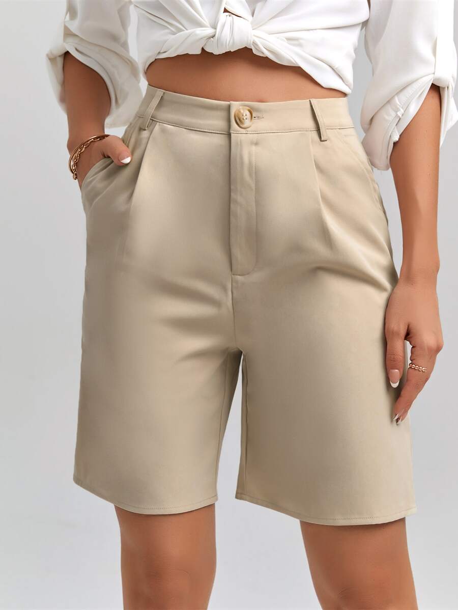 SHEIN Clasi High Waist Plicated Detail Bermuda Shorts, Mom Shorts - Apricot - View 1