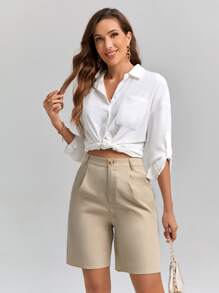 SHEIN Clasi High Waist Plicated Detail Bermuda Shorts, Mom Shorts - Apricot - View 4