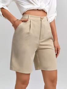 SHEIN Clasi High Waist Plicated Detail Bermuda Shorts, Mom Shorts - Apricot - View 6