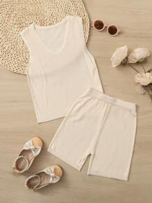 小女童素色毛衣背心和針織短褲 - 杏色 - 查看 1