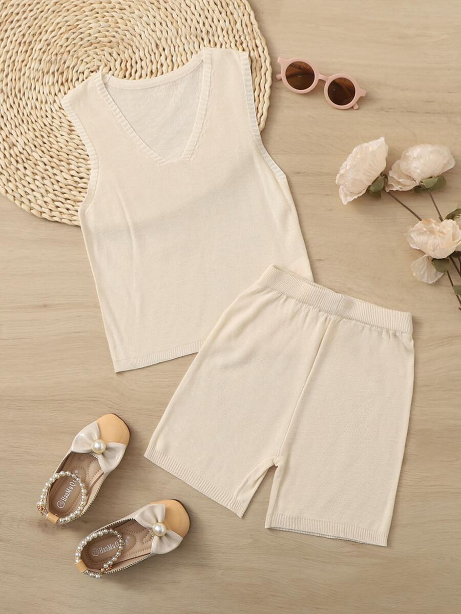 小女童素色毛衣背心和針織短褲 - 杏色 - 查看 1