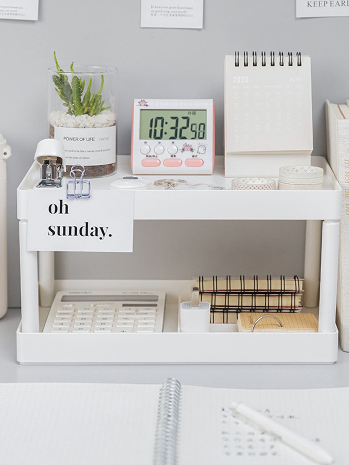 1pc Double Layer Desktop Storage Rack, Nordic Plastic White Desk Storage Holder For Home