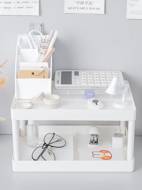 1pc Double Layer Desktop Storage Rack, Nordic Plastic White Desk ...