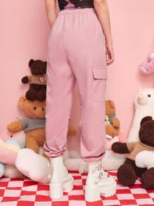ROMWE Kawaii Heart Embroidery Cargo Pants - Pink - View 2