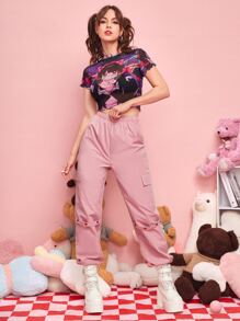ROMWE Kawaii Heart Embroidery Cargo Pants - Pink - View 4
