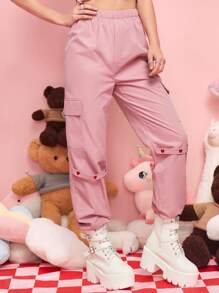 ROMWE Kawaii Heart Embroidery Cargo Pants - Pink - View 5
