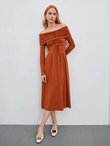 MOTF PREMIUM Vestido fruncido de hombros descubiertos - Naranja Quemada - Ver 1