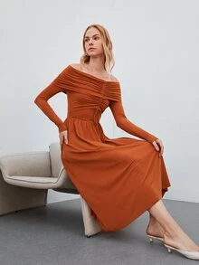 MOTF PREMIUM Vestido fruncido de hombros descubiertos - Naranja Quemada - Ver 3