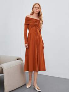MOTF PREMIUM Vestido fruncido de hombros descubiertos - Naranja Quemada - Ver 6