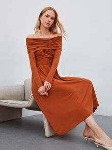 MOTF PREMIUM Vestido fruncido de hombros descubiertos - Naranja Quemada - Ver 7