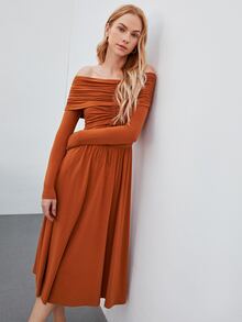 MOTF PREMIUM Vestido fruncido de hombros descubiertos - Naranja Quemada - Ver 8