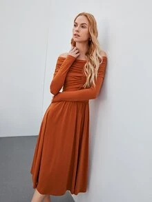 MOTF PREMIUM Vestido fruncido de hombros descubiertos - Naranja Quemada - Ver 9