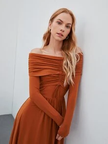 MOTF PREMIUM Vestido fruncido de hombros descubiertos - Naranja Quemada - Ver 10