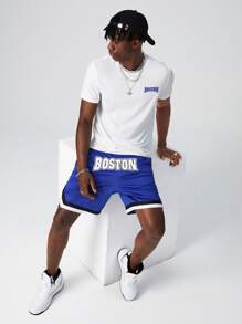 Manfinity RebelGame 男士字母圖案T恤和條紋印花運動短褲 - 藍白色 - 查看 3