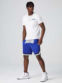 Manfinity RebelGame 男士字母圖案T恤和條紋印花運動短褲 - 藍白色 - 查看 5