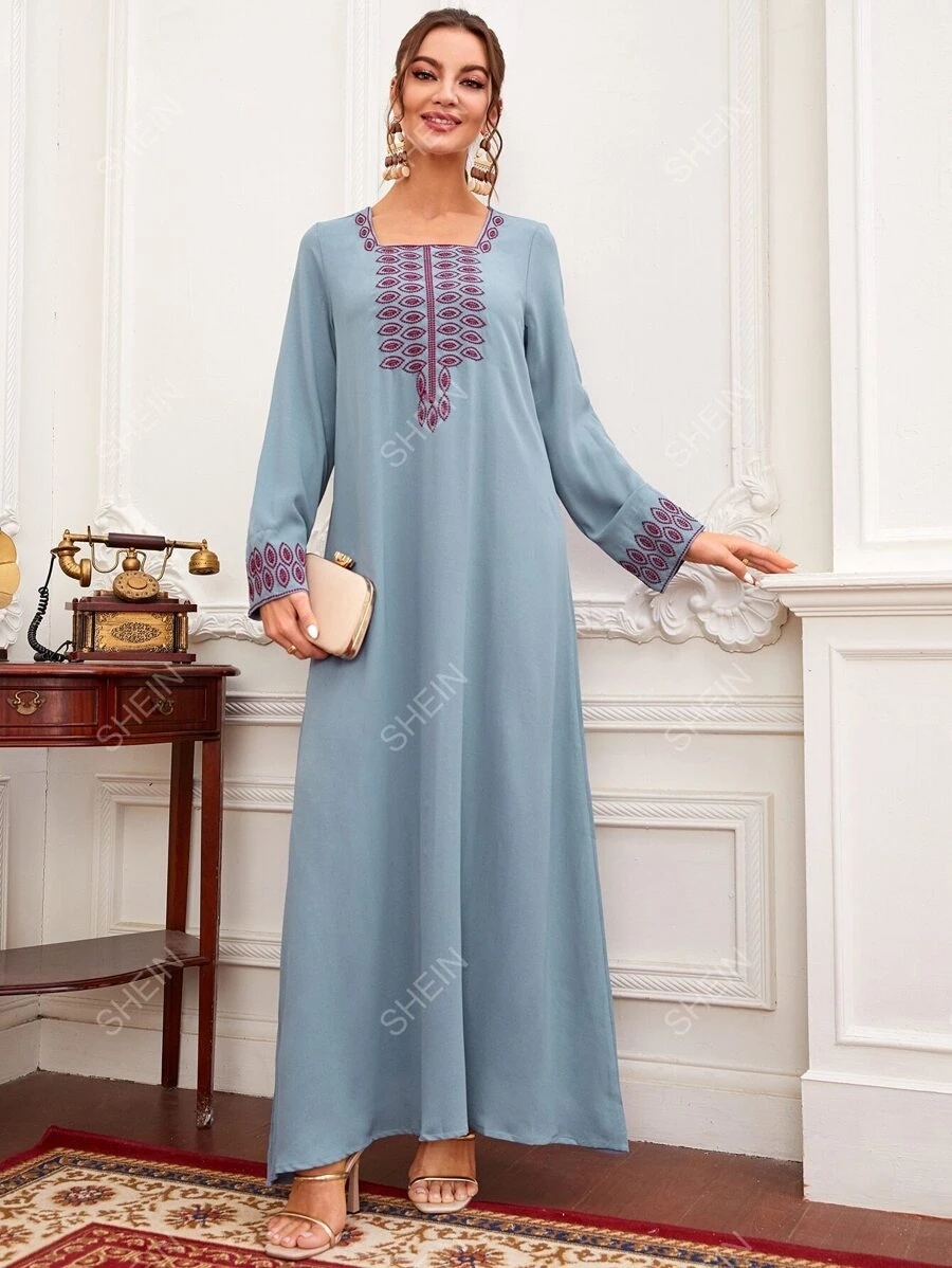 SHEIN Najma Robe longue ?� broderie ?� col carr?� | Mode en ligne | SHEIN FRANCE