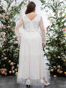 SHEIN Belle Plus Lantern Sleeve Floral Mesh Maxi Wedding Dress - White - View 2